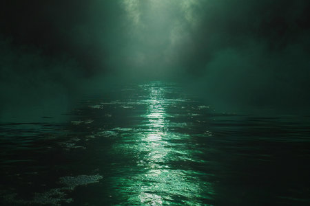 Fog in the sea at night. Abstract dark background with lights.の素材