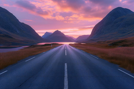 Beautiful landscape of Scotland nature. Road in the mountains at sunset.の素材