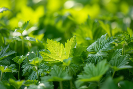 Green leaves of parsley in the garden. Shallow depth of field.の素材