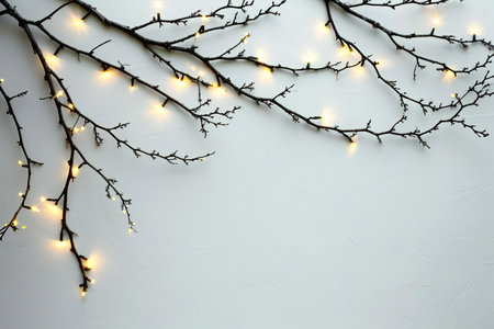 Christmas lights and branches on white background, flat lay. Space for textの素材