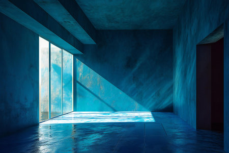 Blue empty room with blue walls, ceiling and floor.の素材