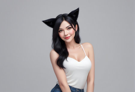beautiful asian woman with cat ears, isolated on gray backgroundの素材
