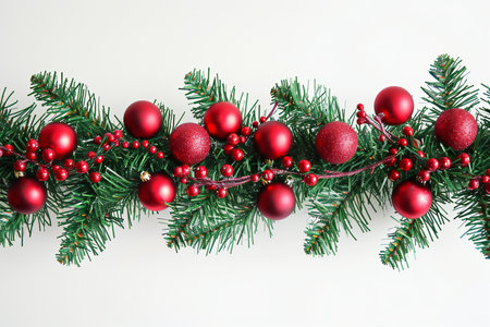 Christmas tree branches with red balls and red berries on a white backgroundの素材