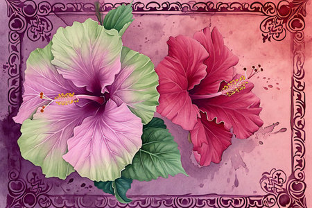 Hibiscus flowers on grunge background with floral ornament.の素材