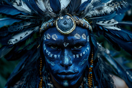 Portrait of a man with blue painted face in Bali, Indonesiaの素材