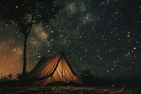 Camping tent in the forest at night with starry sky.の素材