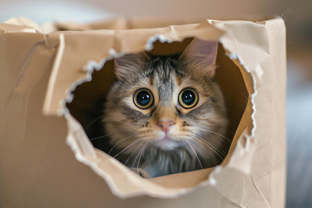 Cute cat peeking out of a paper bag, close upの素材