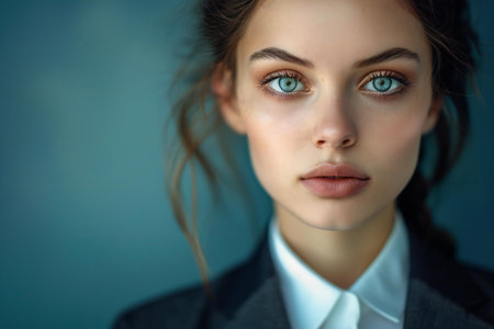 Close-up portrait of a beautiful young woman with blue eyes.の素材