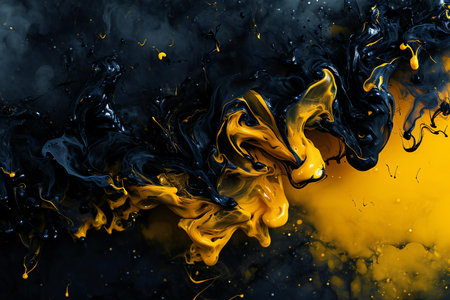 abstract background of black and yellow paint splashes on a black backgroundの素材
