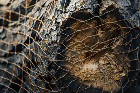Close-up of a wooden surface with a grid of wire meshの素材