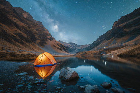 Tent on the lake at night with starry sky and reflectionの素材