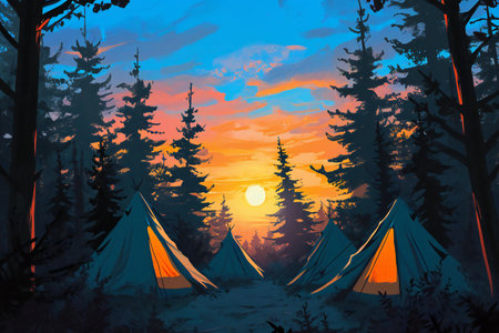 Camping in the woods at sunset. Illustration for your designの素材