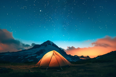 Tent in the mountains at night with stars in the sky.の素材
