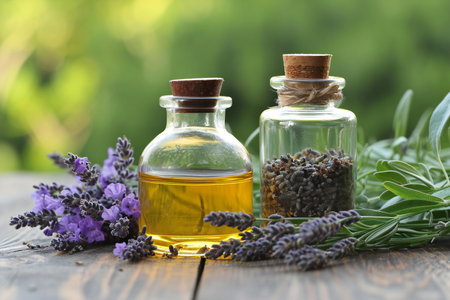 Lavender essential oil in a small bottle on a wooden tableの素材