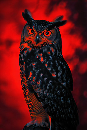 Beautiful owl on a dark background with a red glow. Stylized image.の素材