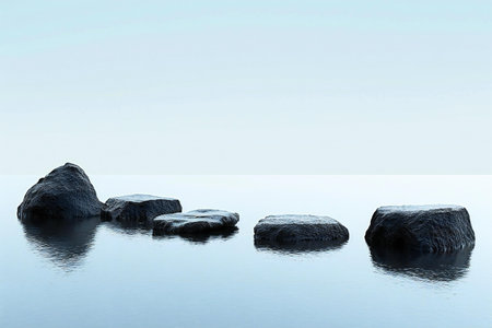 three stones in the water on a white background,の素材