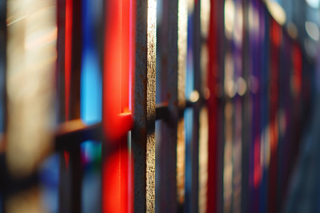 Close-up of a metal fence with red and blue light.の素材