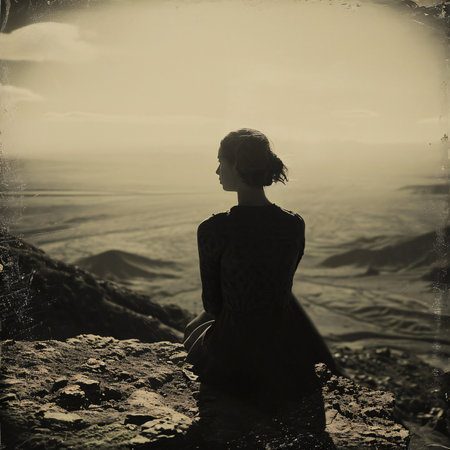 Young woman sitting on the top of the mountain looking at the seaの素材