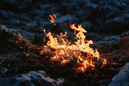 Burning fire in the forest at night. Close-up.の素材