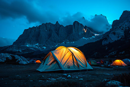 Camping in the mountains at night. The concept of active and photo tourismの素材
