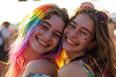 Portrait of two young girls at the festival of colors Holiの素材
