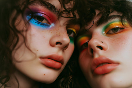 Close-up portrait of two beautiful young women with bright makeup.の素材