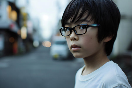 Portrait of asian boy wearing eyeglasses looking at cameraの素材