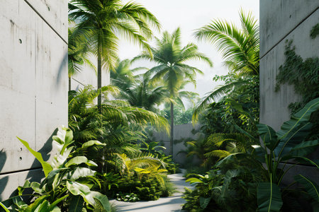 Tropical garden with palm trees and green plants in the morningの素材