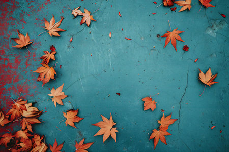 Autumn leaves on grunge blue background with space for text.の素材
