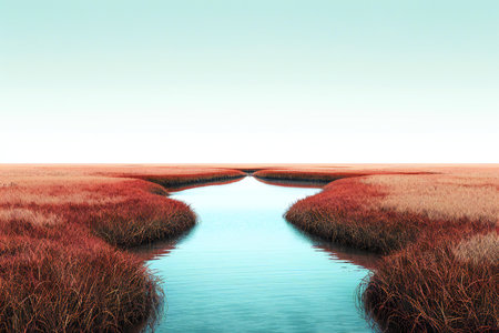 Autumn landscape with lake and reeds.の素材