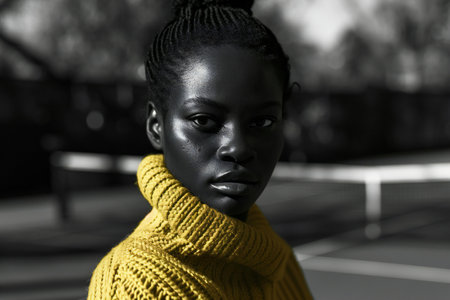 Portrait of a beautiful african american woman in a yellow sweaterの素材