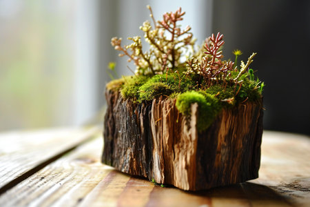 Wooden stump with moss and plants on the table in the roomの素材