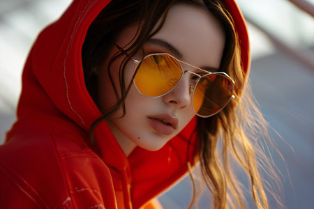 Portrait of a beautiful girl in a red jacket and sunglasses.の素材