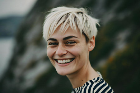 Portrait of a beautiful girl with short hair on the background of rocksの素材