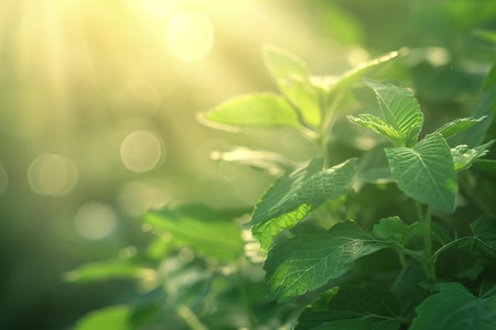 Fresh mint leaves in the garden with sun light and bokehの素材