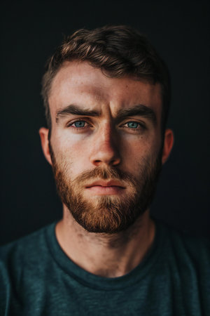 Portrait of a young man with a beard on a dark backgroundの素材