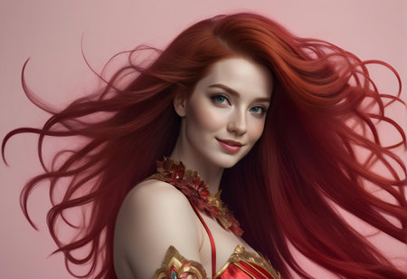 Beautiful young woman with long red hair. Portrait of a beautiful girl with bright red hair.の素材