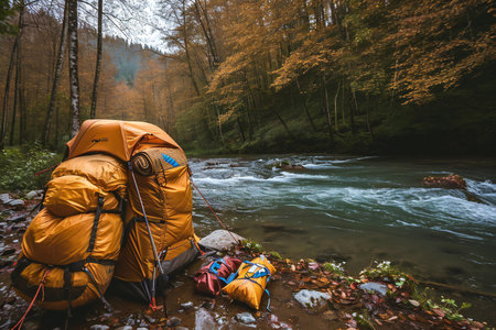 Camping in the autumn forest with a backpack and tent on the bank of a mountain riverの素材