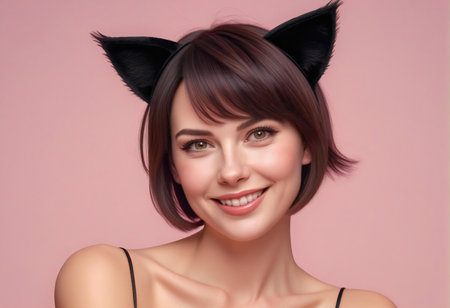 Portrait of a beautiful young woman with cat ears on pink backgroundの素材
