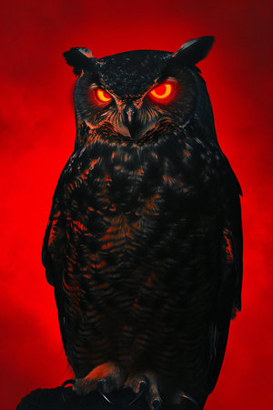Portrait of an owl with red eyes on a red background.の素材