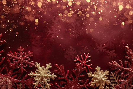 Christmas background with snowflakes and bokeh lights on redの素材