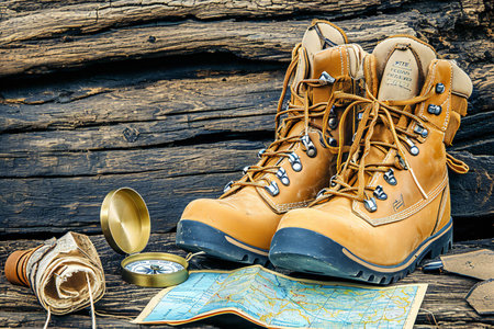 Pair of trekking boots, compass and map on wooden backgroundの素材
