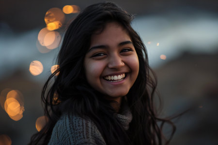 Portrait of a beautiful young woman smiling and looking at camera outdoorsの素材