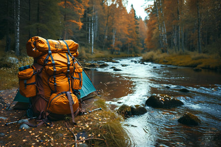 Two backpacks on the shore of a mountain river. Trekking in the autumn forest.の素材