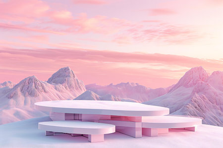 a podium in the snow against the backdrop of a beautiful mountain landscapeの素材