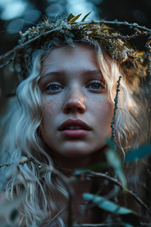 Portrait of a beautiful blonde girl in a wreath of branchesの素材