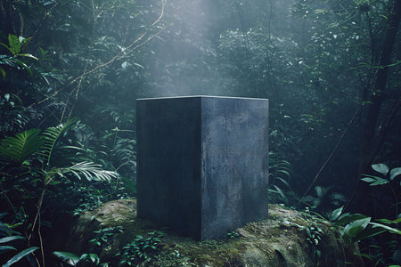Wooden cube in the forest with foggy background.の素材