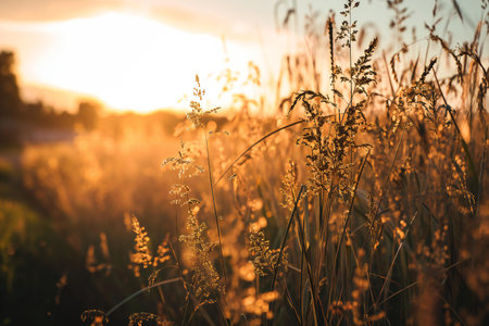 Sunset over the meadow in summer. Shallow depth of fieldの素材