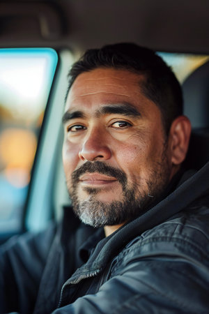 Portrait of a bearded man sitting on the back seat of a carの素材