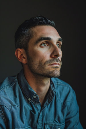 Portrait of a handsome man in a denim shirt on a dark backgroundの素材